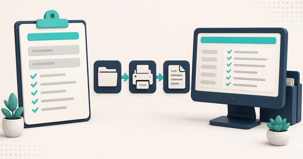 Illustration of a generic case-information record and a print-to-form relationship, with no government form copy and no readable names or personal health information.