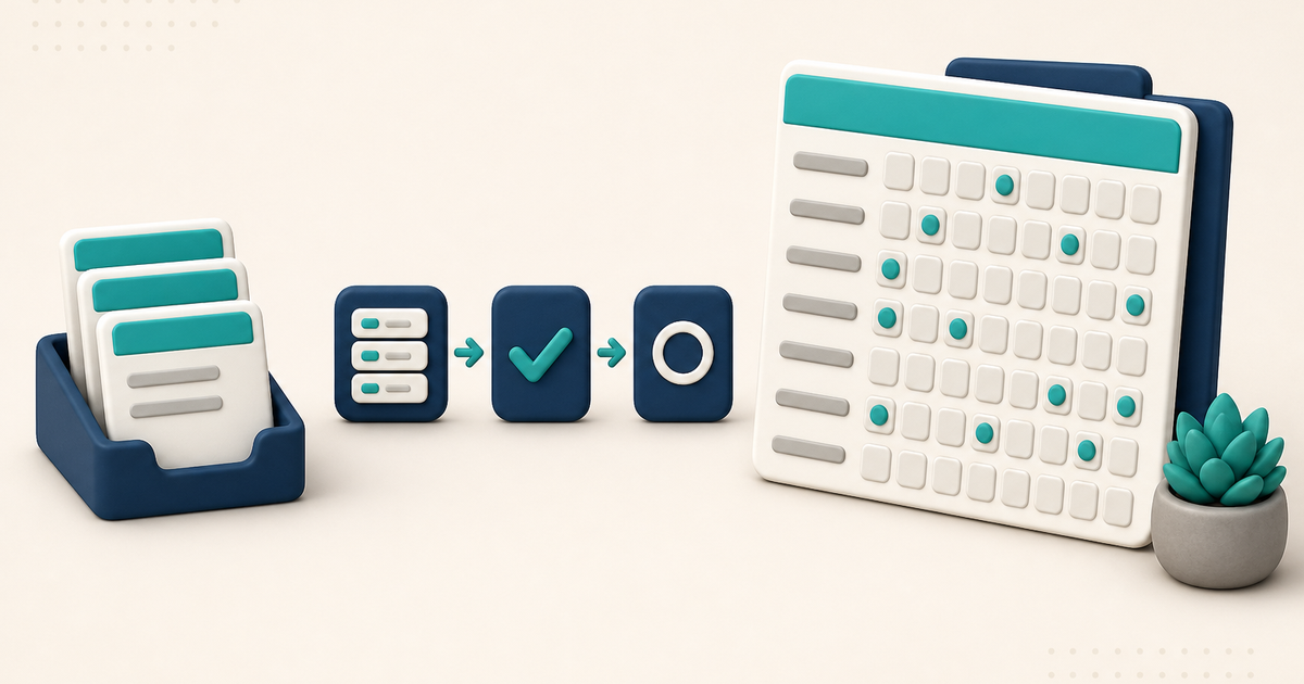 Illustration of a generic med-pass queue flowing into a daily dose card and a monthly MAR grid, with no readable names, doses, or client information.