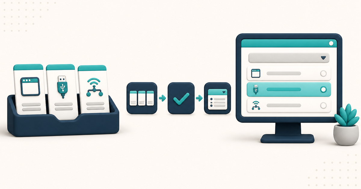 Illustration of three generic connection-type cards labeled Windows, TWAIN, and Network flowing into a generic ElderSuite-style Select Scanner screen, with no readable device names, personal health information, or brand logos.