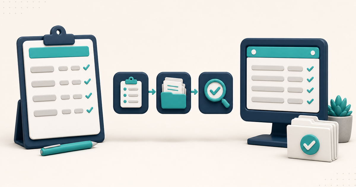 Illustration of a generic attendance sign-in sheet flowing into a documentation-to-audit workflow, with no readable names, personal health information, or government-form copy.