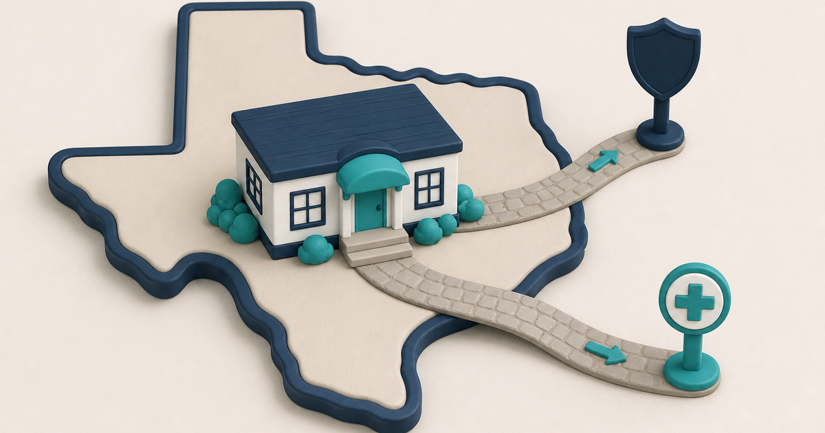 Illustration of an adult day center inside a Texas outline with two generic claim paths, representing the state and health-plan payment tracks for DAHS, with no readable client information.
