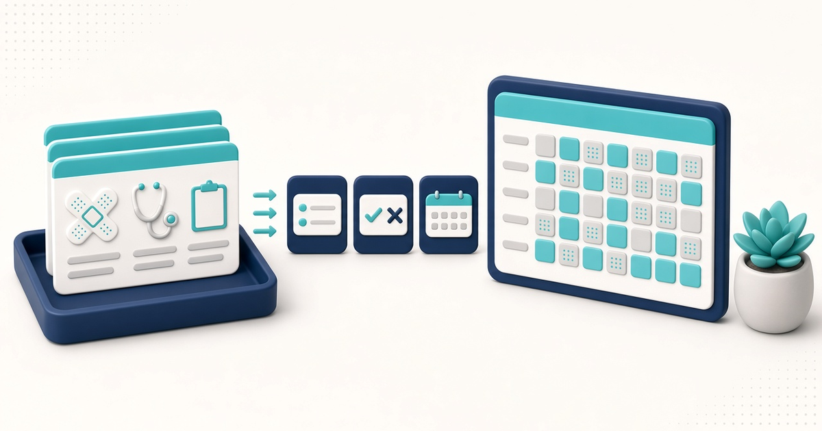 Illustration of a generic treatment-pass queue flowing into a daily treatment card and a monthly TAR grid, with no readable names, results, or client information.