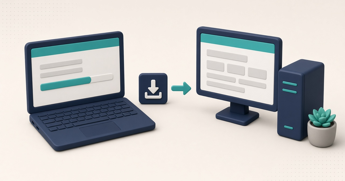 Illustration of a laptop showing an ElderSuite installer progress bar beside a second desktop computer, with no readable client information or credentials.