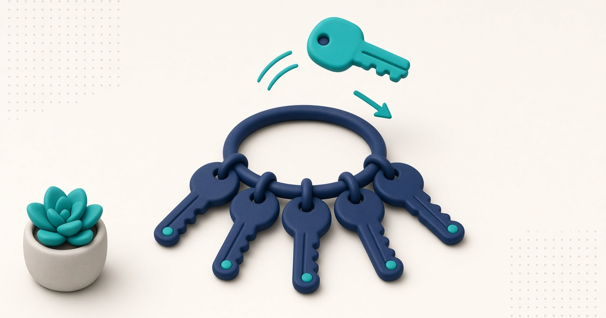 Illustration of a key being swapped on a ring of identical keys, with no readable credentials, account numbers, or client information.