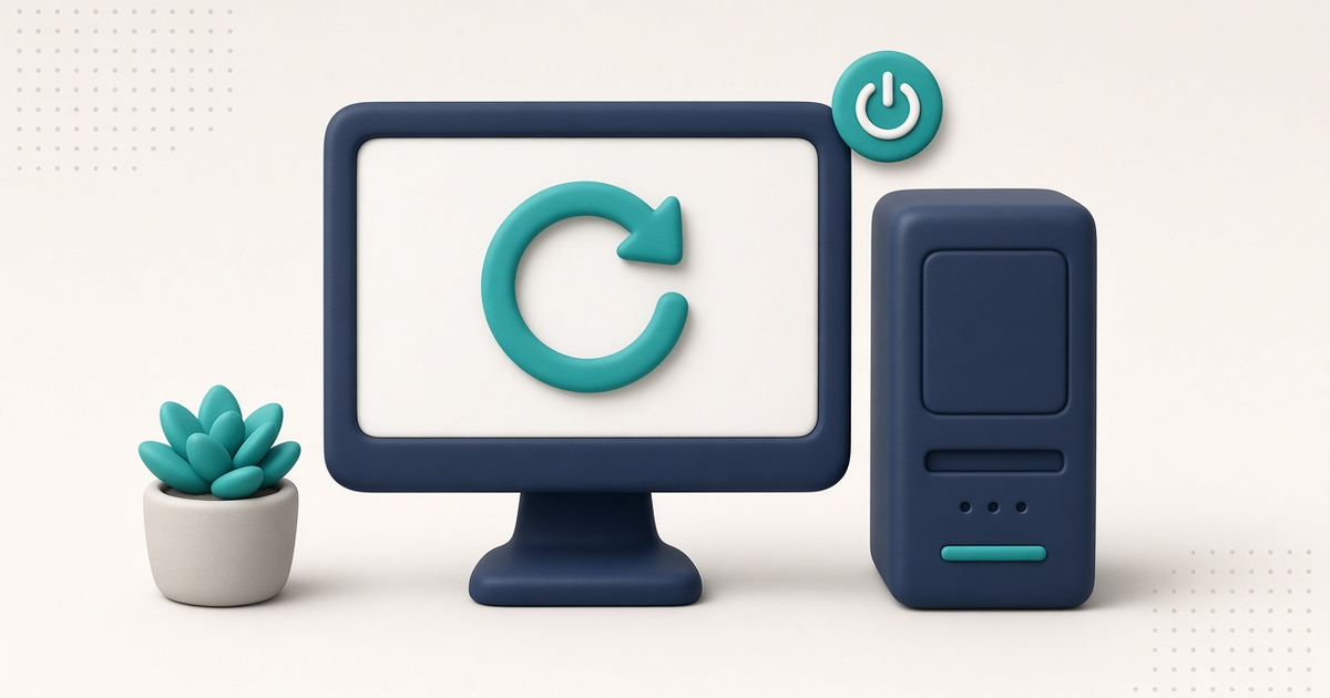 Illustration of a desktop computer with a calm restart symbol, with no readable client information or PHI.