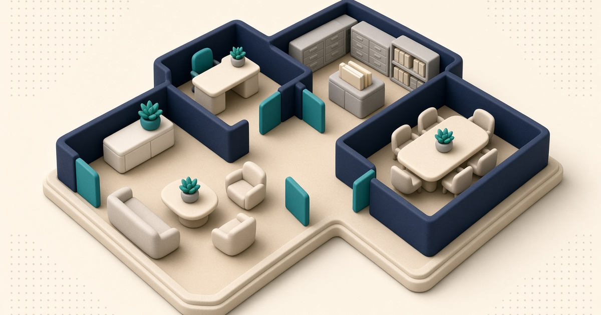 Illustration of an office building floor plan with labelled rooms, with no readable credentials, PHI, or client names.