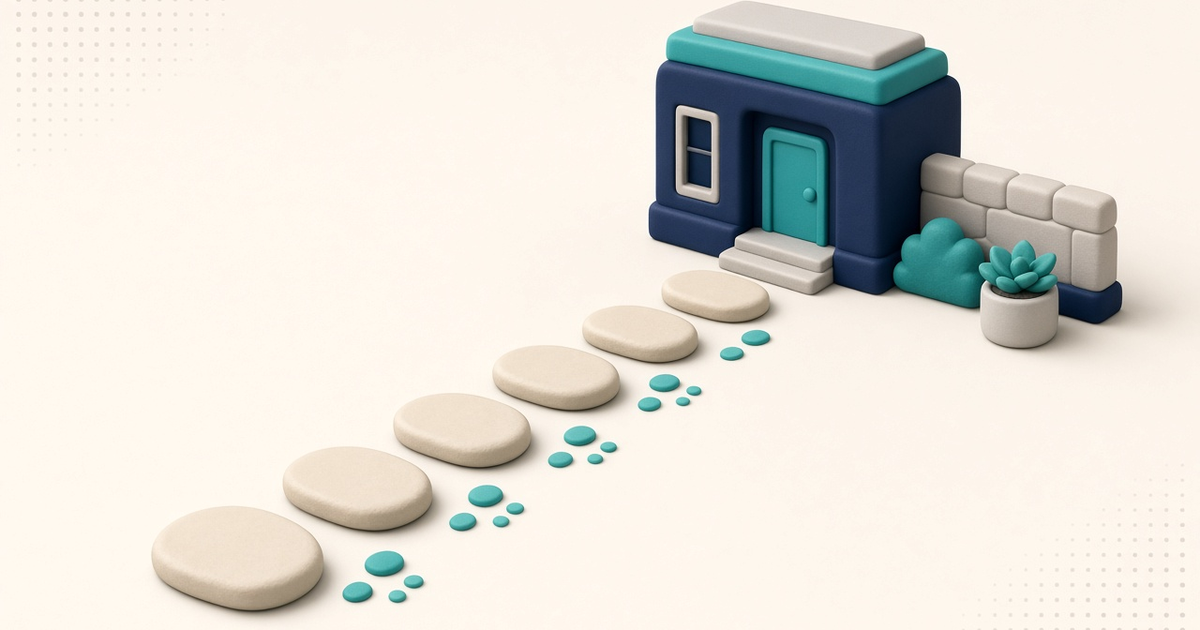 Illustration of a numbered path of stepping stones, with no readable client names, PHI, or UI text.