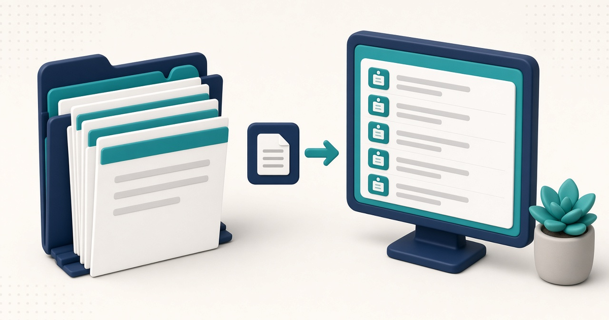 Illustration of a generic personnel folder and document stack beside a generic ElderSuite-style employee documents list, with no readable names, credentials, or UI text.