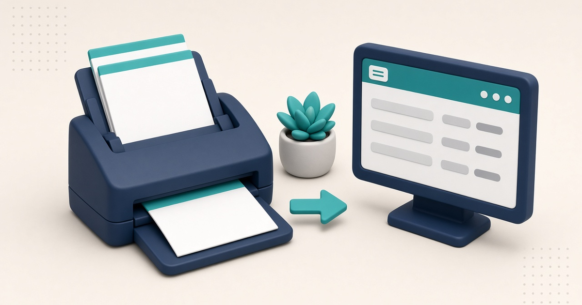 Sheet-fed document scanner next to ElderSuite Scan Manager