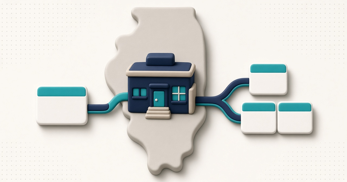 Illustration of an adult day center inside an Illinois outline connected to a generic state agency card and a group of generic health-plan cards, representing the two payment paths under Illinois' Community Care Program, with no readable client information or logos.