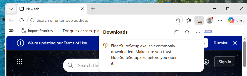Microsoft Edge Downloads panel showing the message that ElderSuiteSetup.exe isn’t commonly downloaded and to make sure you trust it before you open it.