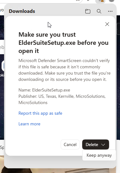 The same Edge dialog with the arrow next to Delete expanded to reveal the Keep anyway option.