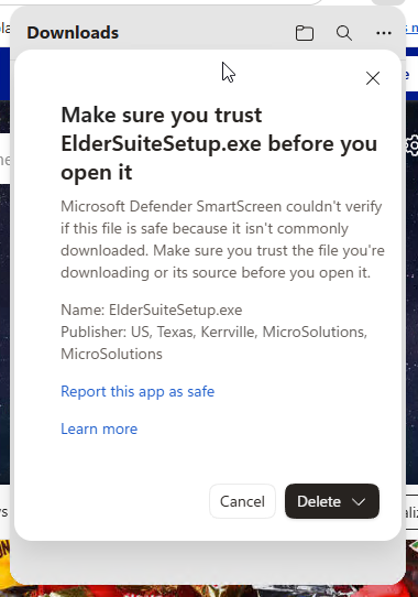 Edge confirmation dialog for ElderSuiteSetup.exe showing the Publisher line US, Texas, Kerrville, MicroSolutions, a Report this app as safe link, and Cancel and Delete buttons.