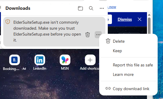 The Edge download warning with the three-dots menu open, showing Delete, Keep, Report this file as safe, Learn more, and Copy download link.