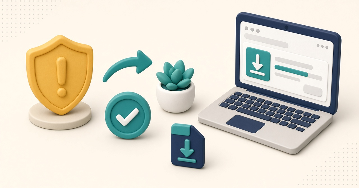 Illustration of a browser download panel with a caution shield turning into a green check mark beside a laptop, with no readable text or client information.