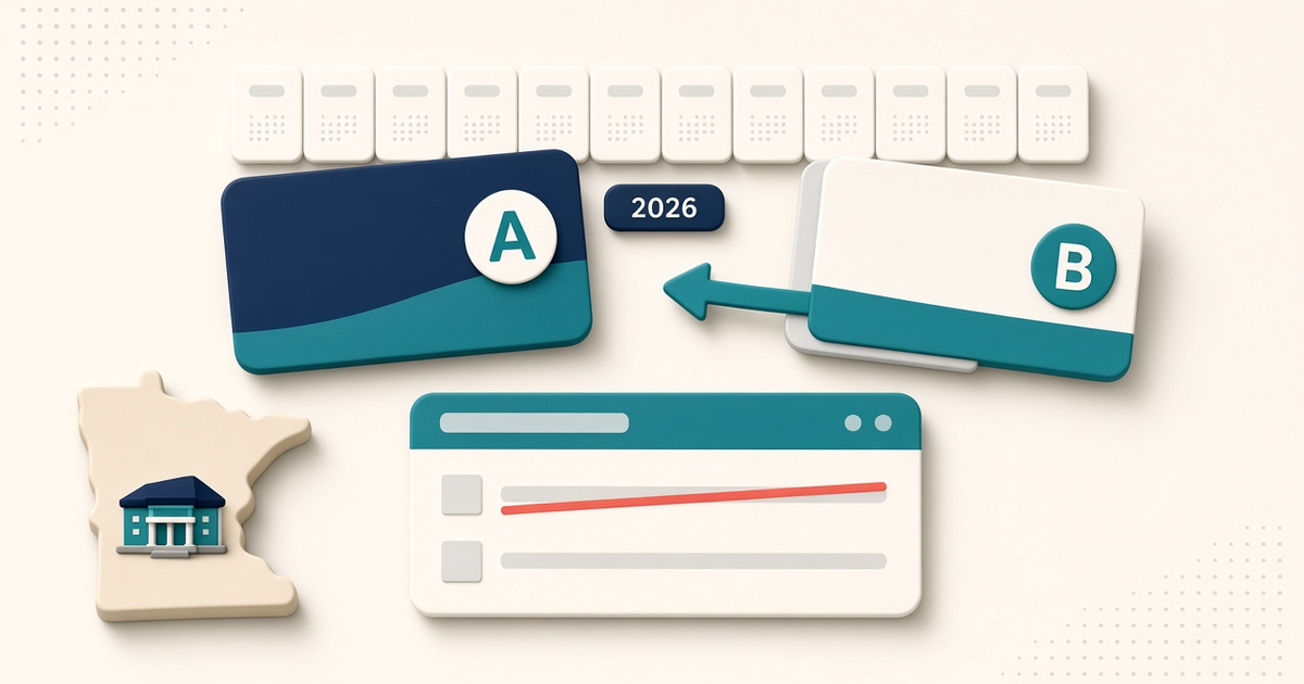 Illustration of a 2026 calendar strip with a second health plan card overlapping an earlier plan's months, a remittance sheet with one line struck through and a new line beside it, and an adult day center inside a Minnesota outline, representing retroactive MSHO enrollment and claim rebilling, with no readable client information or logos.