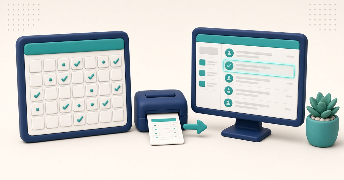 Illustration of a generic monthly attendance calendar with day squares flowing into a simple ElderSuite-style Report Center Client Reports screen, with no readable client names.