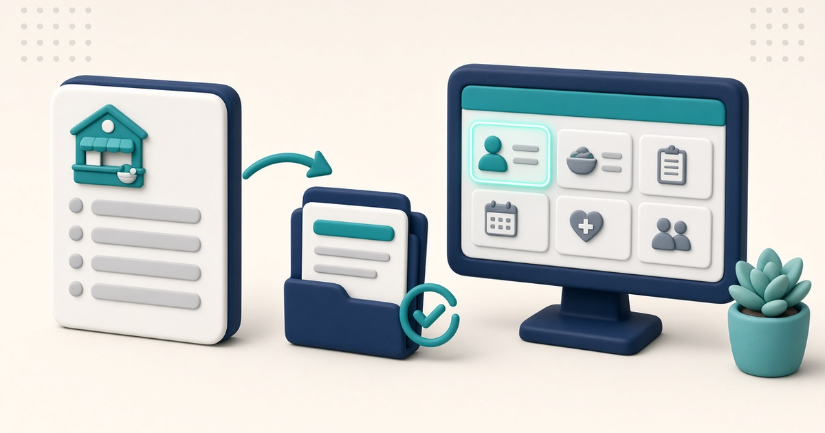 Illustration of a generic meal-contractor contact card and ID fields flowing into a simple ElderSuite-style Nutrition Center screen, with no readable names or contract numbers.