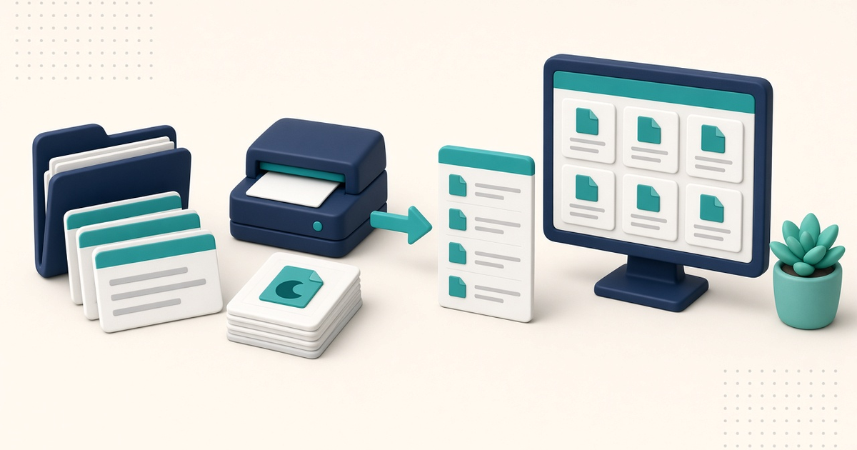 Illustration of a generic center paperwork folder and PDF stack flowing into a simple ElderSuite-style Provider Documents list, with no readable names, licenses, or policy text.