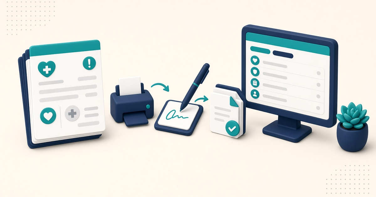 Illustration of a generic physician standing-order document flowing through print and Sign & Sync into a simple ElderSuite-style Nursing Center list, with no readable names or clinical text.