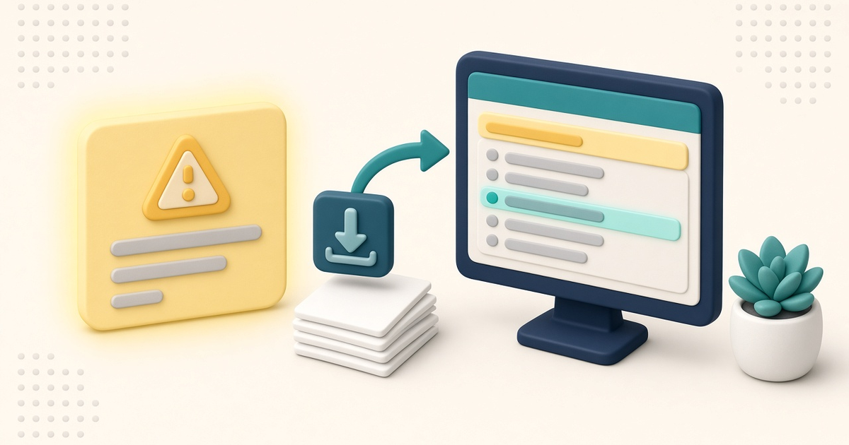 Illustration of a soft yellow Claim Center alert flowing into a simple ElderSuite-style claims workspace, with no readable client or claim data.