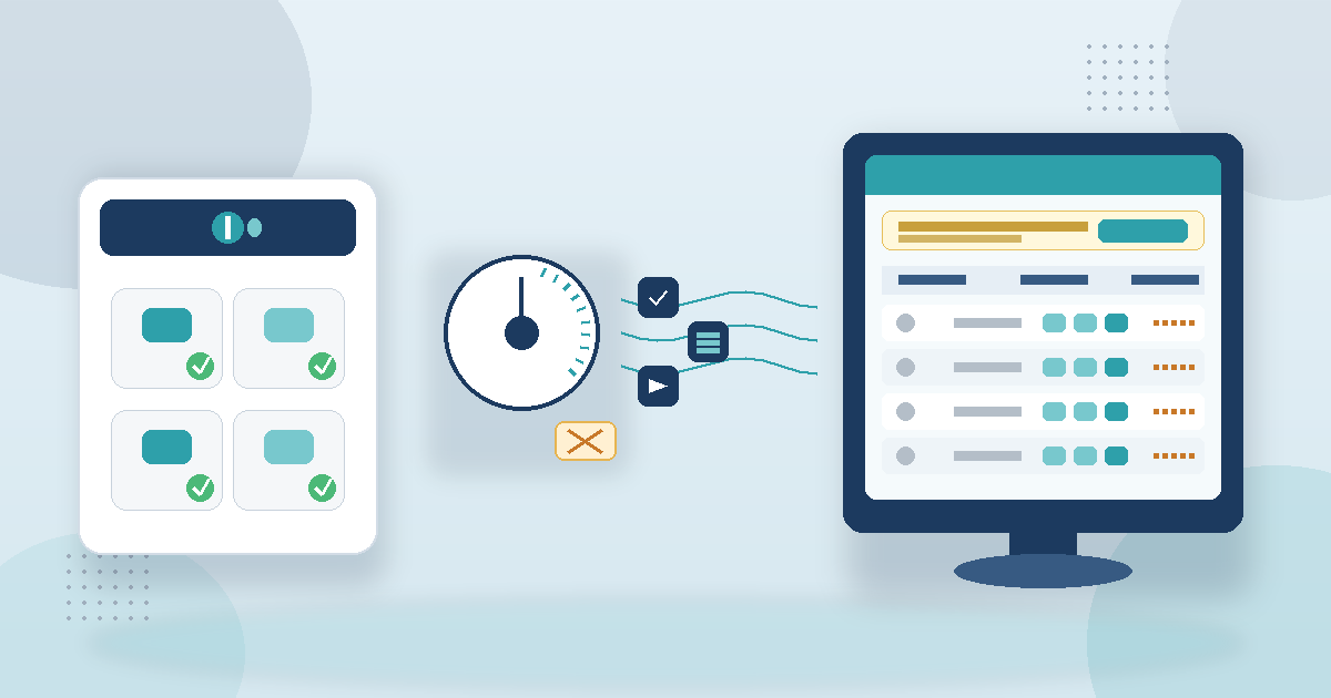 Illustration of a soft meal tray and attendance clock flowing into a simple ElderSuite-style Nutrition Center review list, with no readable client names or meal data.