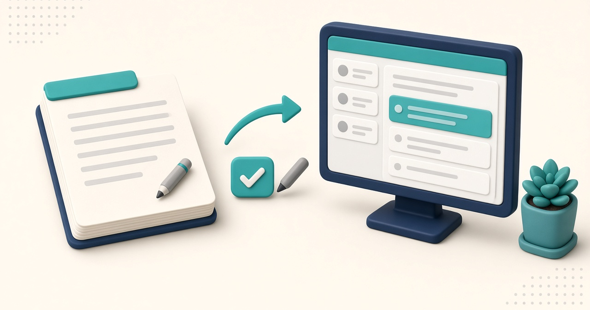 Illustration of a soft 3D client note flowing into a simple ElderSuite-style Client Center workspace, with no readable client data.