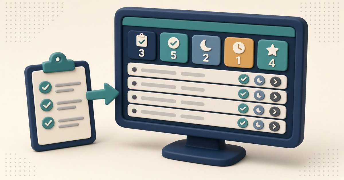 Illustration of a generic ElderSuite-style Manage Tasks queue with five day-count tiles and unreadable sample task rows, suggesting complete, snooze, and open actions.
