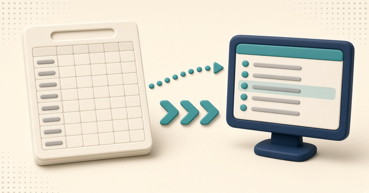 Illustration of a generic weekly treatment sheet with blank day columns flowing into a simple ElderSuite-style Report Center Nursing Reports screen, with no readable client names.