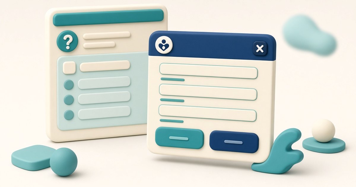 Illustration of a soft Help Center panel with a small About dialog showing blank version, framework, and provider-account lines plus Clear Cache and OK, with no readable account names.
