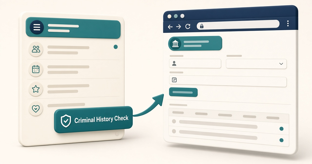 Illustration of a Provider Center activity button labeled Criminal History Check opening a generic state website in a browser window, with no readable names, account numbers, or case results.