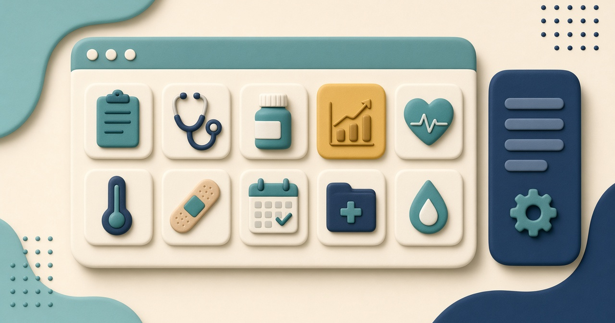 Illustration of a generic ElderSuite-style hub window with ten soft clinical record tiles and a small setup links panel, with no readable names or health information.
