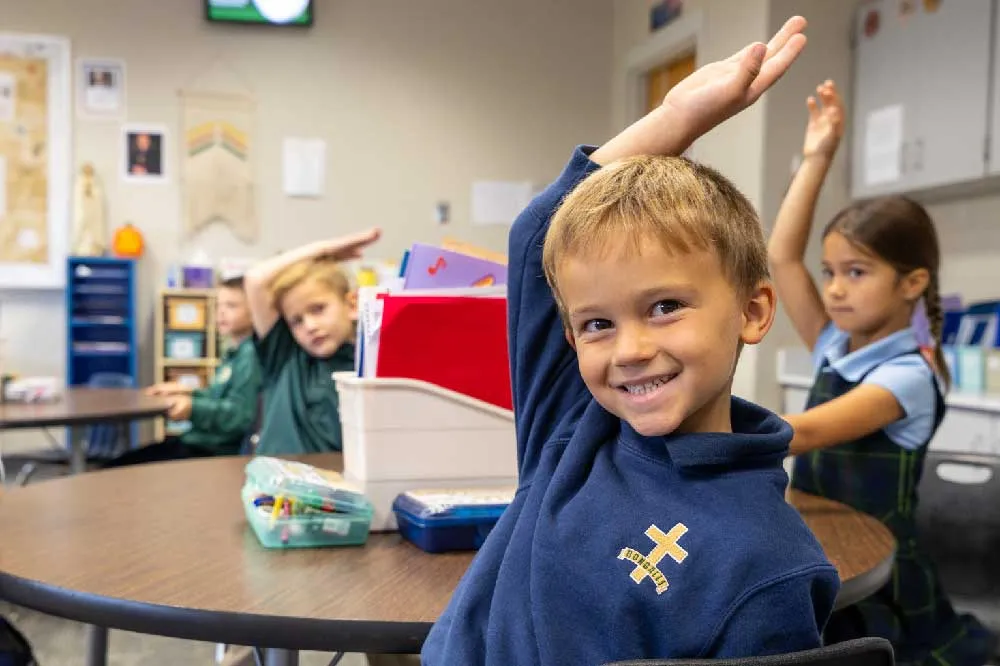 young student raising hand in classroom