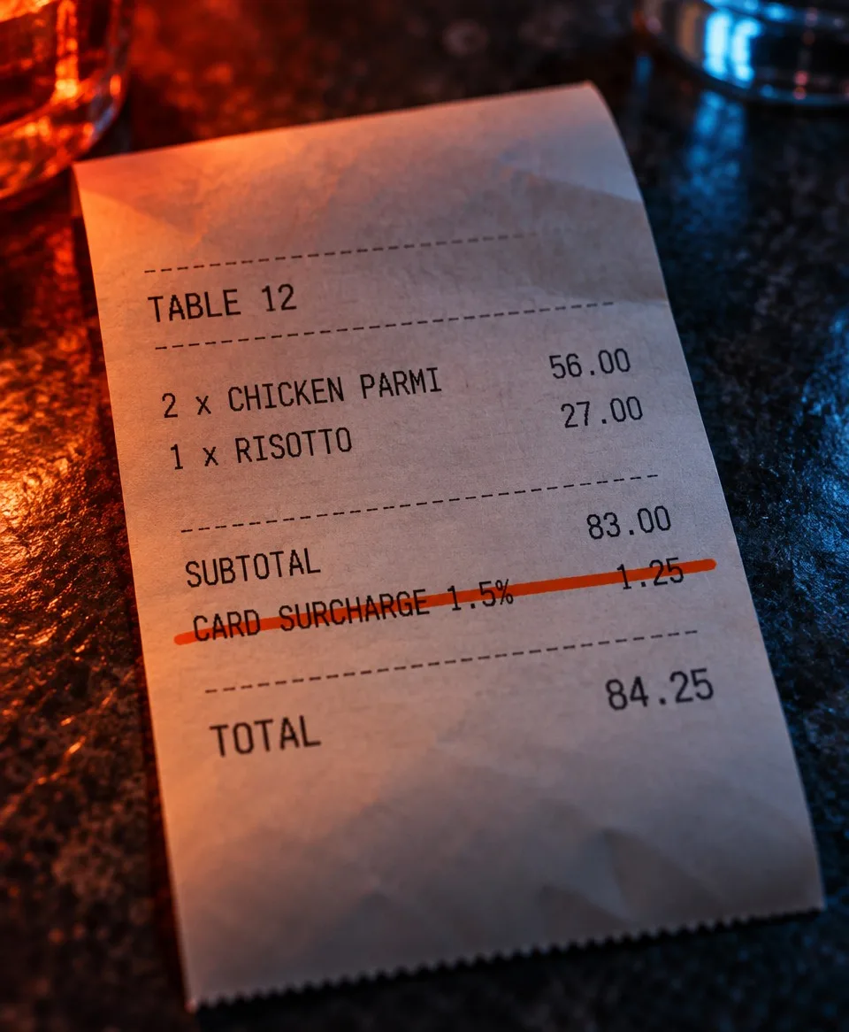 A restaurant receipt with the card surcharge line struck out