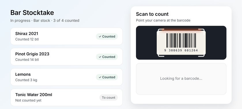 Barcode scanning for stocktakes in Restoke