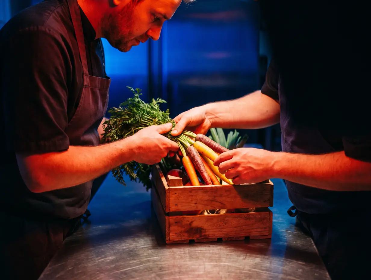 Fine dining chef receiving a wooden crate of heirloom carrots at the kitchen bench