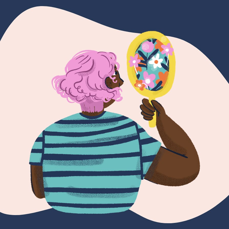Illustration of a black woman with pink hair and striped shirt looking into the mirror