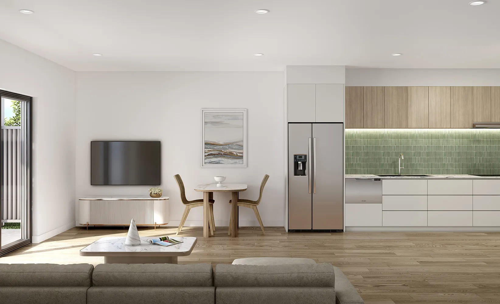 a living room with a television and a table