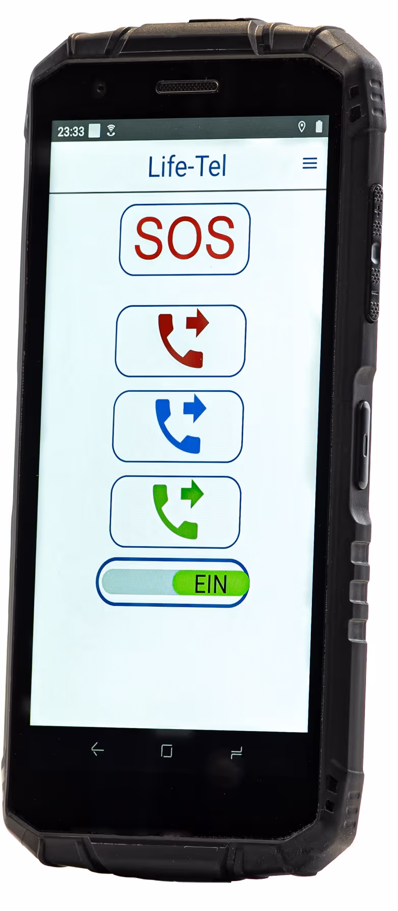 Robustes Telefon mit Life-Tel Notruf-App, zeigt große SOS-Taste und drei farbige Anrufsymbole plus einen eingeschalteten Schalter.