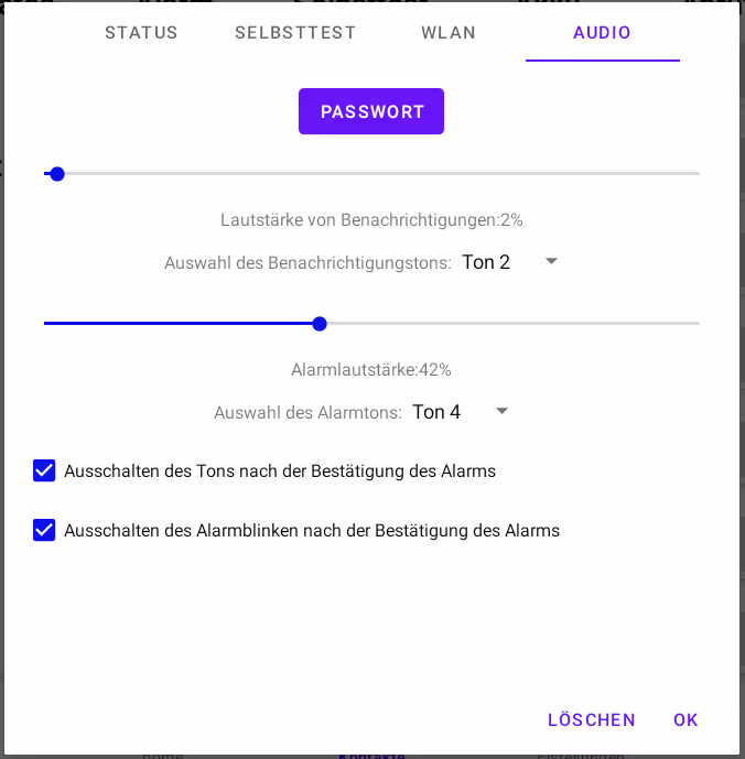 Audioeinstellungen mit Lautstärkereglern für Benachrichtigungen und Alarm, Auswahl von Benachrichtigungs- und Alarmton, und zwei aktivierte Optionen zum Ausschalten von Ton und Alarmblinken nach Alarmbestätigung.