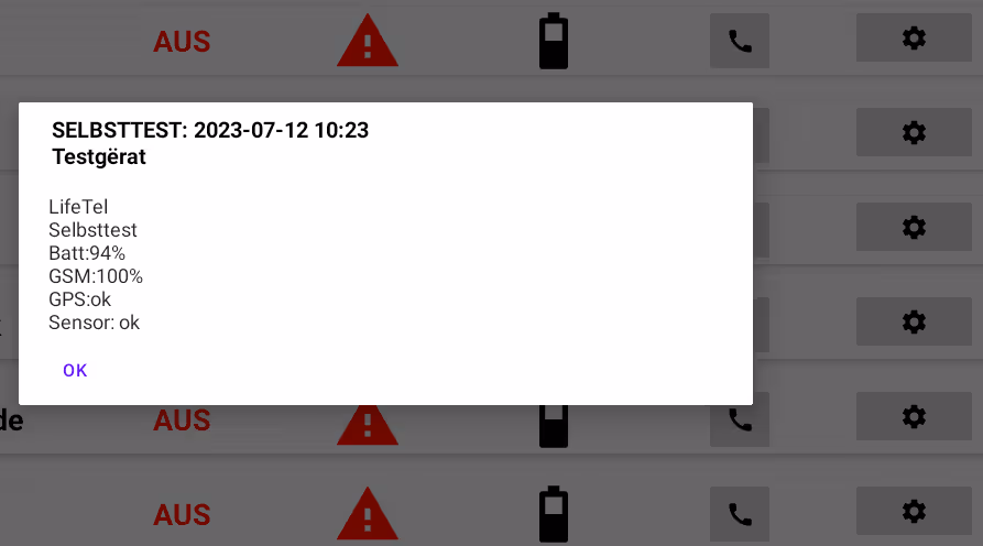 Dialogfeld mit Ergebnissen eines Selbsttests vom 12.07.2023, zeigt Batteriestand 94%, GSM 100%, GPS und Sensoren in Ordnung.