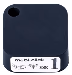Konvexes schwarzes RFID-Zugangskontrollgerät mit der Aufschrift "mobi-click zone 1".