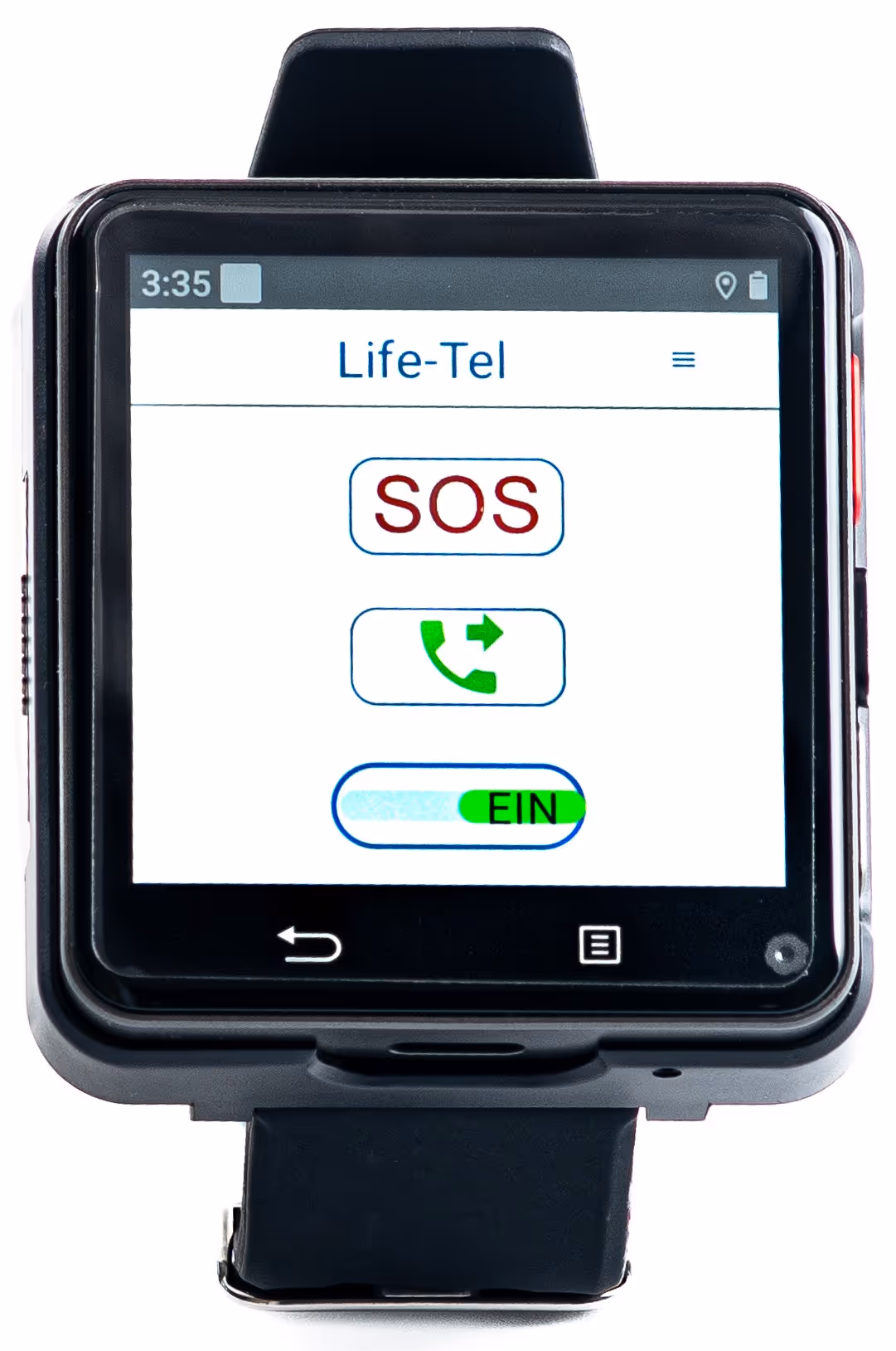 Smartwatch mit der Anzeige der Life-Tel-App, die große SOS-Taste, eine Anrufweiterleitung und einen grünen Schalter mit der Aufschrift EIN zeigt.
