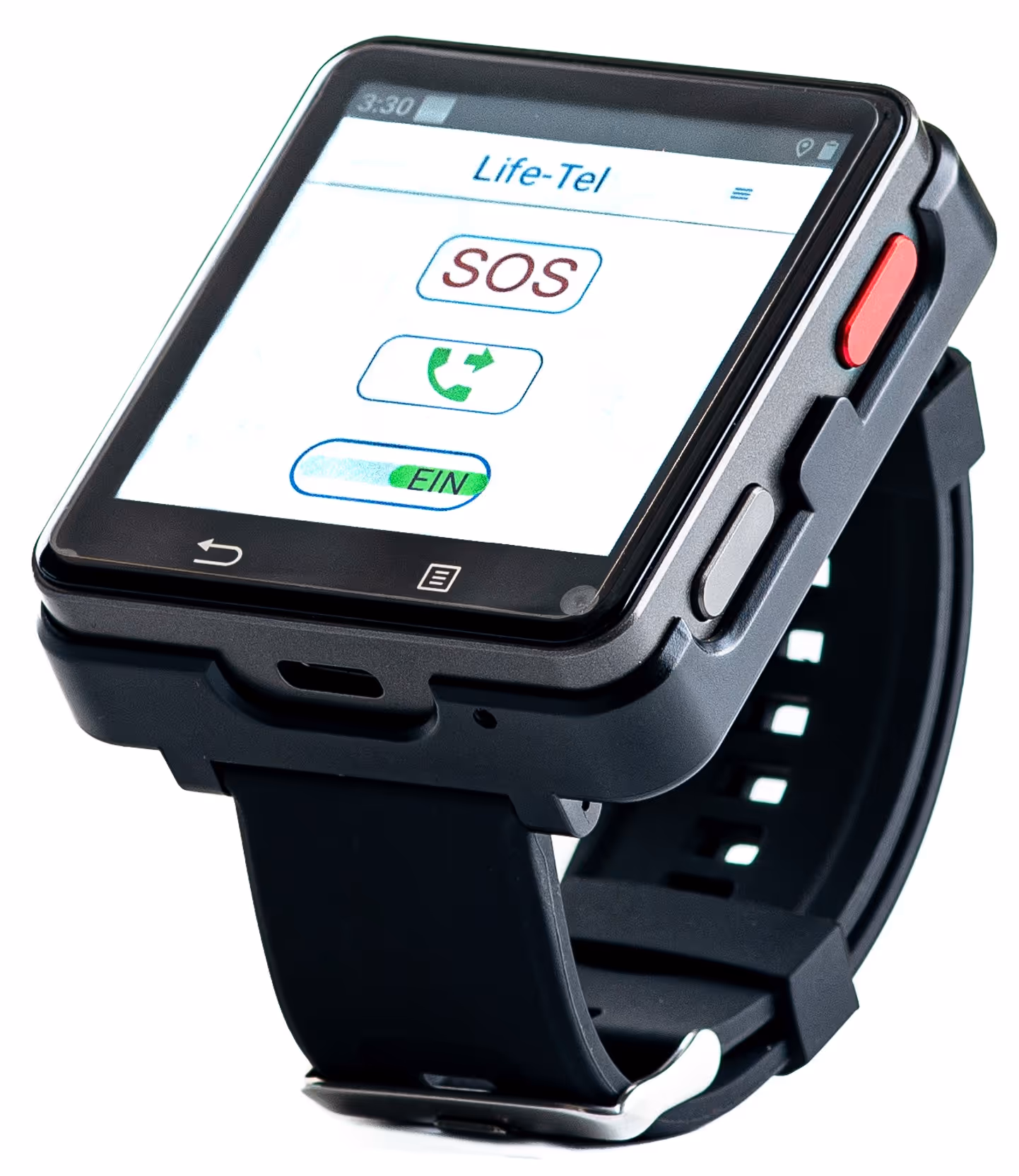Schwarze Smartwatch mit Anzeige 'Life-Tel' und SOS-Taste auf dem Bildschirm.
