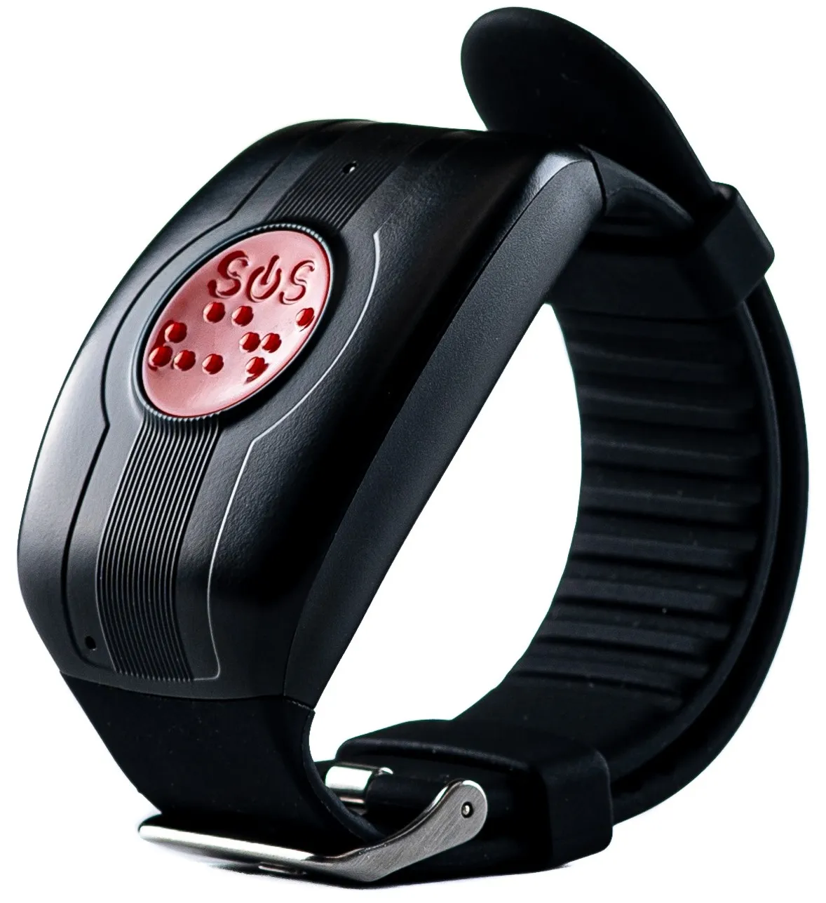 Schwarze medizinische Notruhr-Armbanduhr mit rotem SOS-Notfallknopf und schwarzem Gummiband.