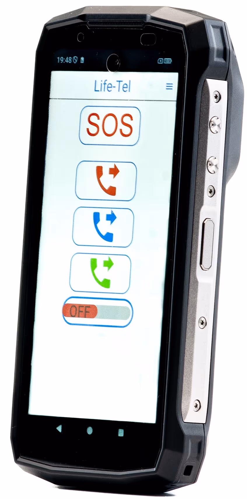 Robustes Handy mit Life-Tel-App, zeigt roten SOS-Knopf und drei farbige Anrufbuttons sowie einen Schalter auf AUS.
