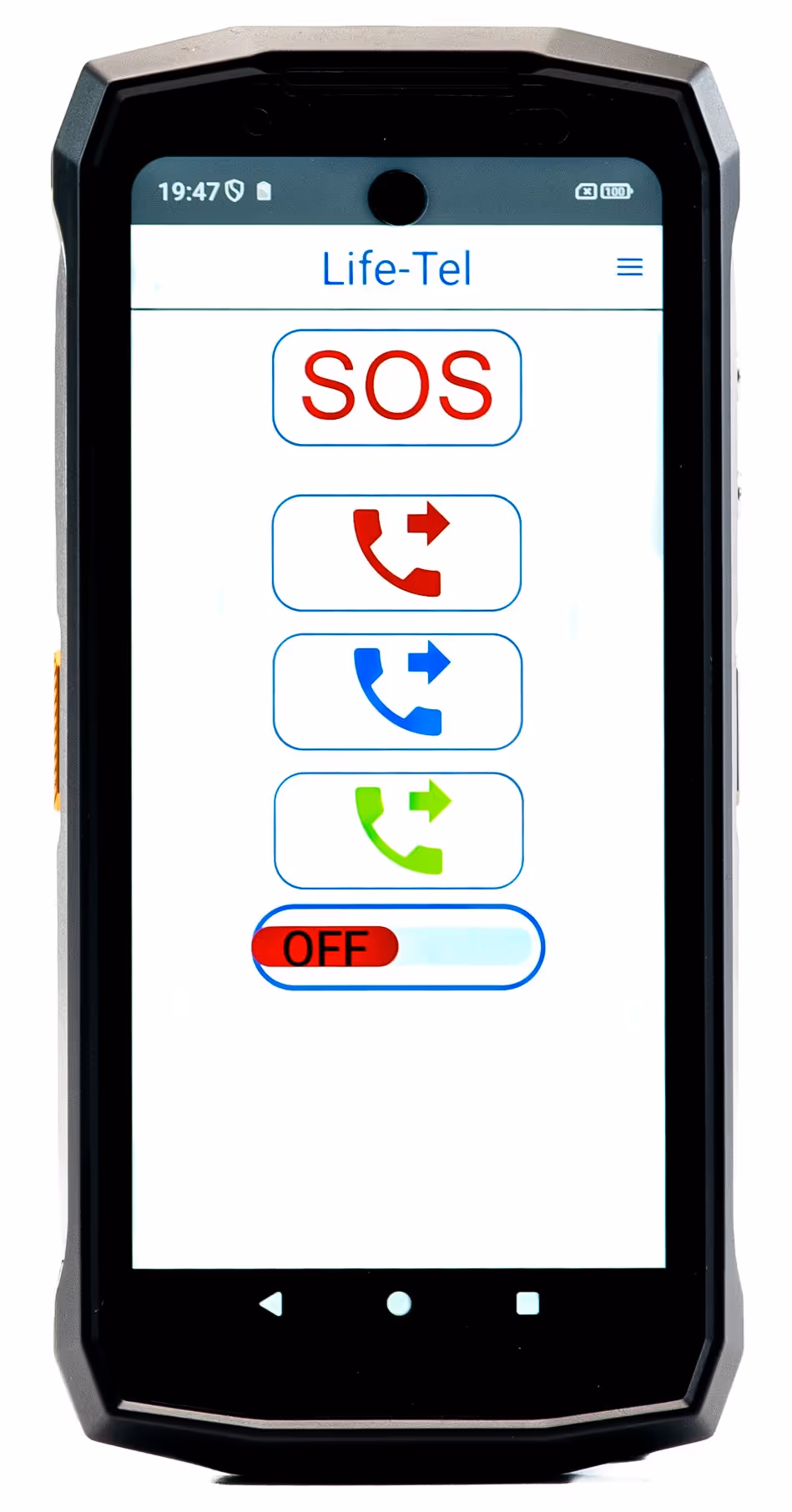 Mobiltelefonbildschirm mit Life-Tel-App, zeigt SOS-Schaltfläche und farbige Anrufsymbole sowie einen roten OFF-Schalter.