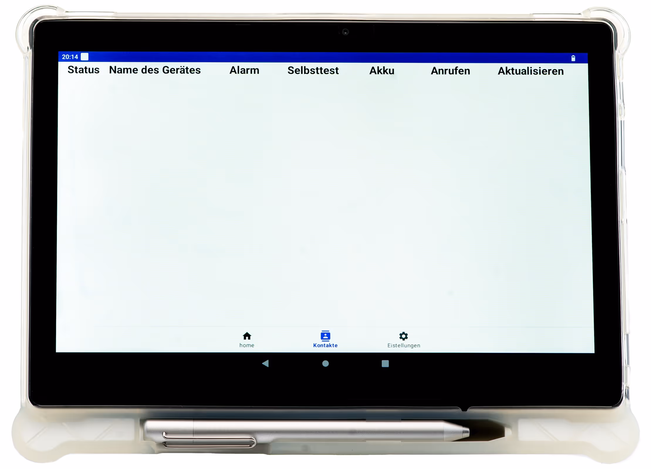 Tablet mit einem App-Bildschirm in deutscher Sprache, der Menüoptionen wie Status, Name des Gerätes, Alarm, Selbsttest, Akku, Anrufen und Aktualisieren zeigt, darunter Symbole für Home, Kontakte und Einstellungen.