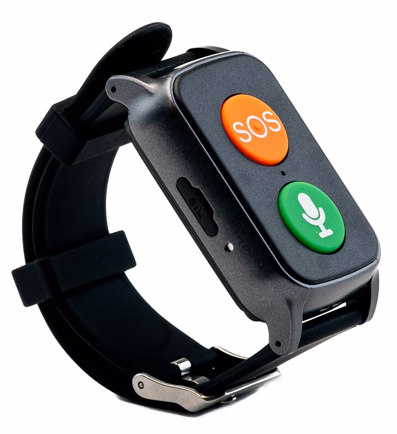 Schwarzes Notrufarmband mit einem orangefarbenen SOS-Knopf und einem grünen Knopf mit Mikrofonsymbol.
