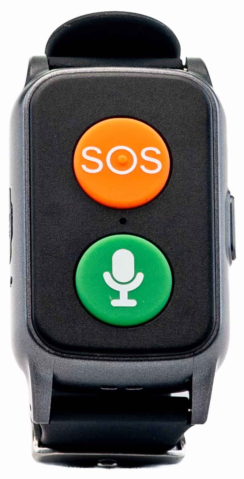 Schwarzes Notrufarmband mit einem orangefarbenen SOS-Knopf und einem grünen Mikrofon-Knopf.